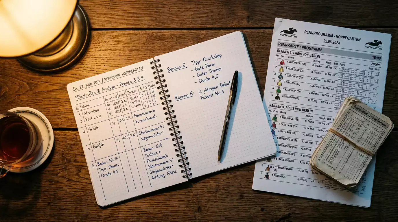 Notizbuch mit Rennformularen und handschriftlichen Wettnotizen neben einem Rennprogramm