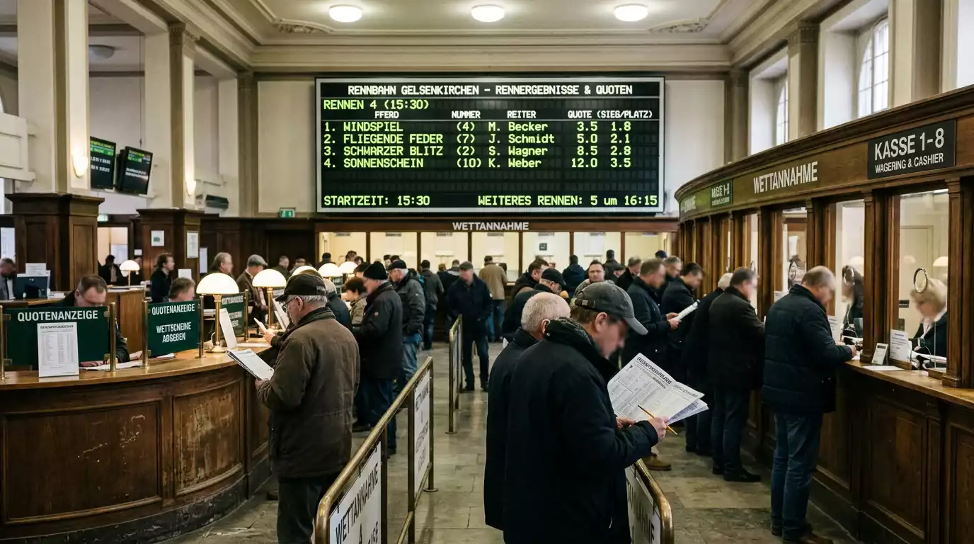 Wettschalter auf einer deutschen Galopprennbahn mit Anzeigetafel für Totalisator-Quoten