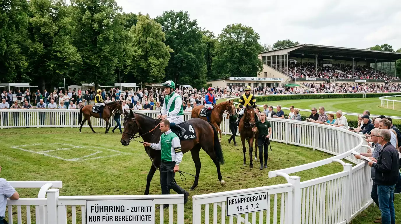 Pferde und Jockeys im Führring vor einem Galopprennen auf einer deutschen Rennbahn