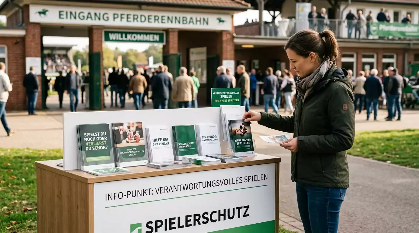 Besucherin an einem Informationsstand für verantwortungsvolles Spielen auf einer Galopprennbahn